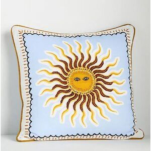Fortune Embroidered Cotton Slub Cushion Pillow Sun Face Yellow Blue